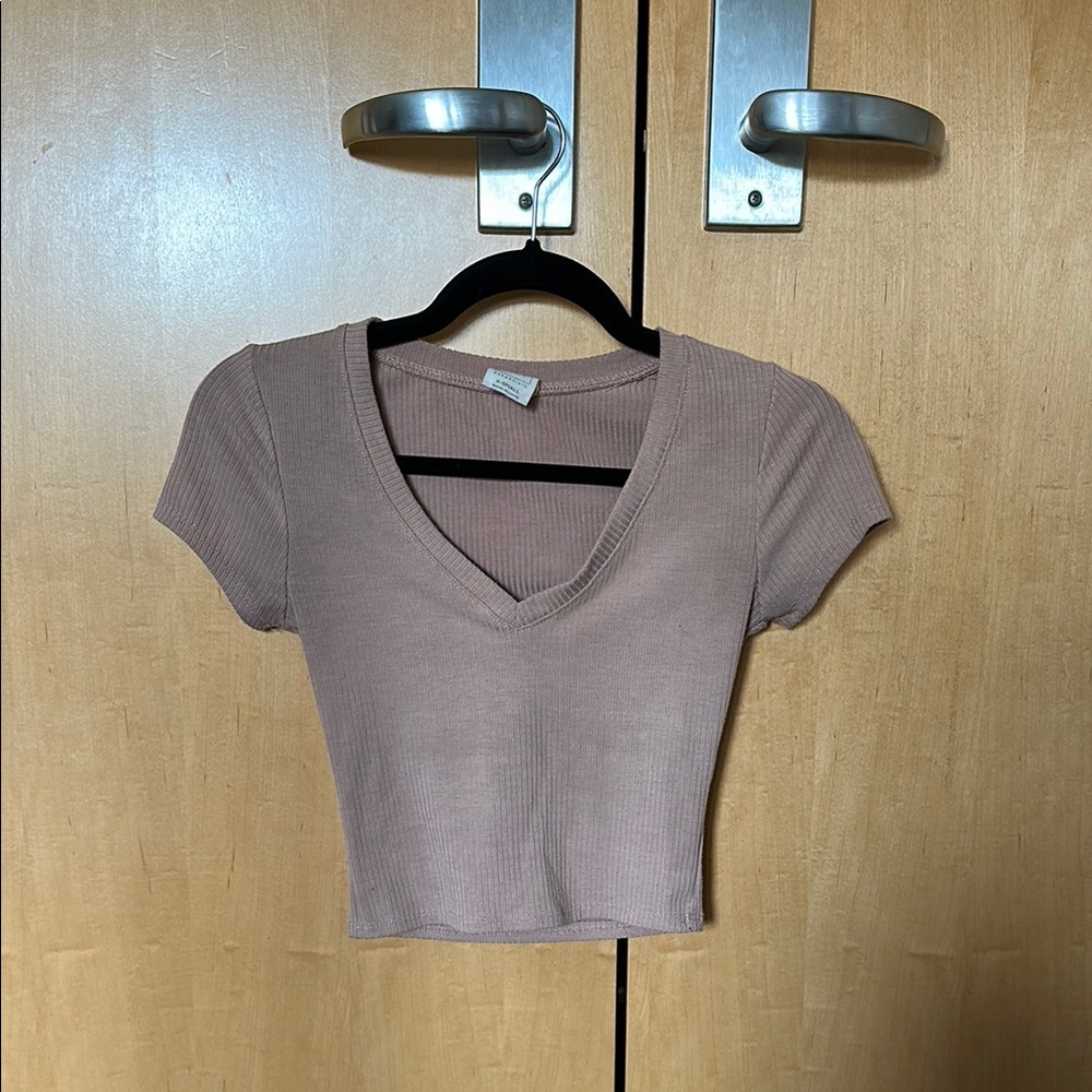 Women's V-Neck Ribbed Crop Top - Taupe